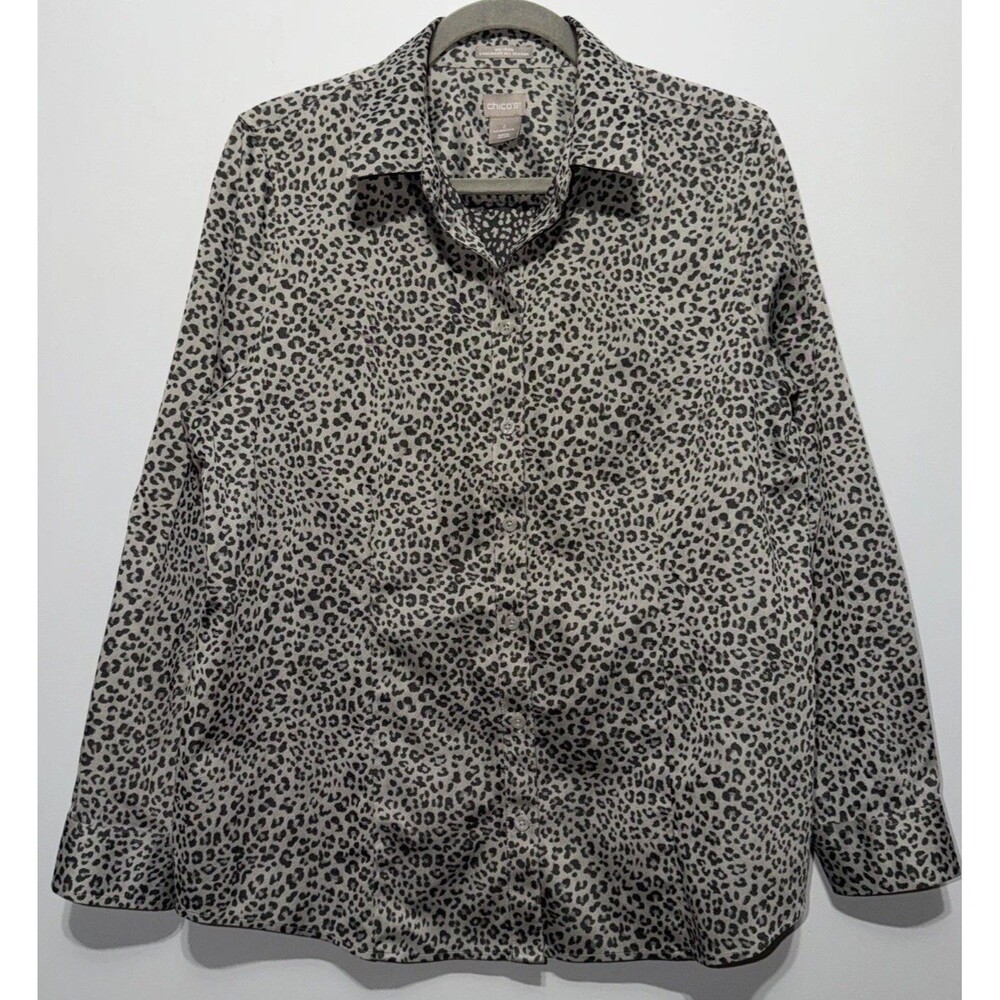 Chicos No Iron Womens Size 2/L Leopard Shirt Office Mob Wife Cotton Neutral Lux